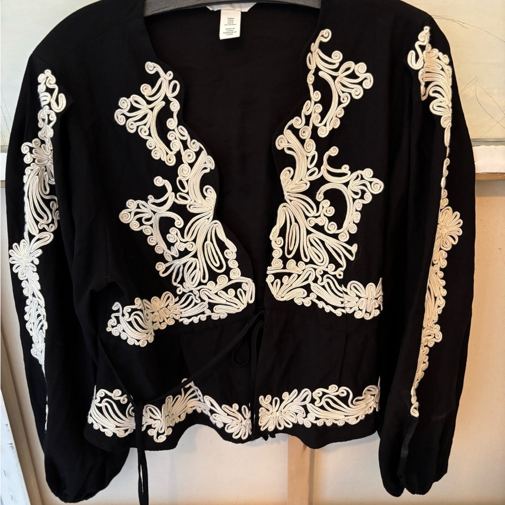 H&M Black and White Embellished Wrap Blouse